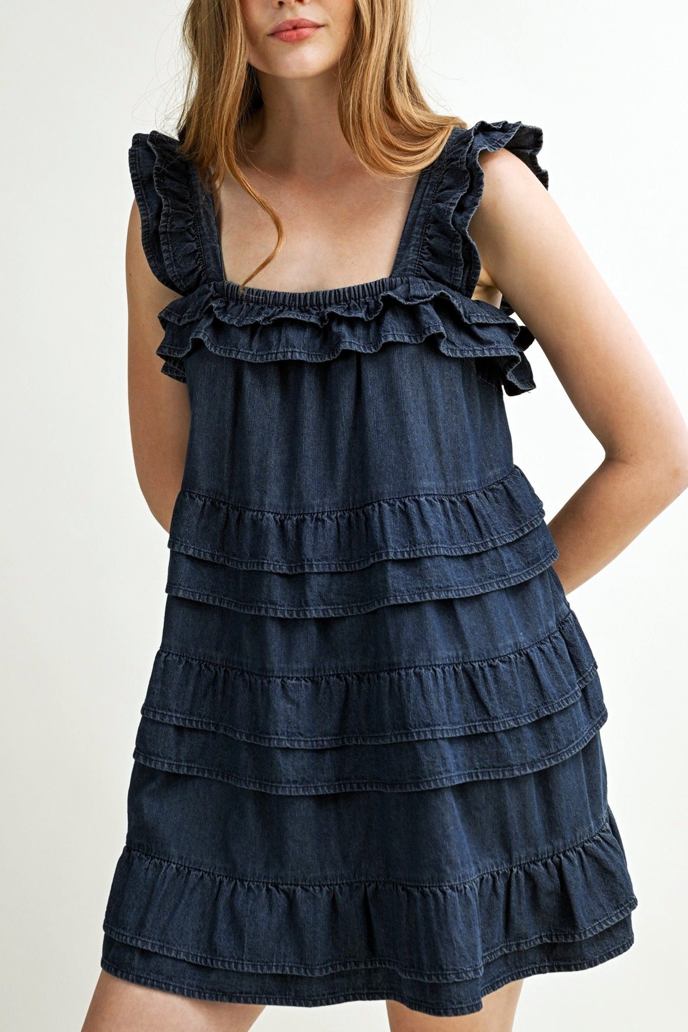 Denim Ruffle Mini Dress